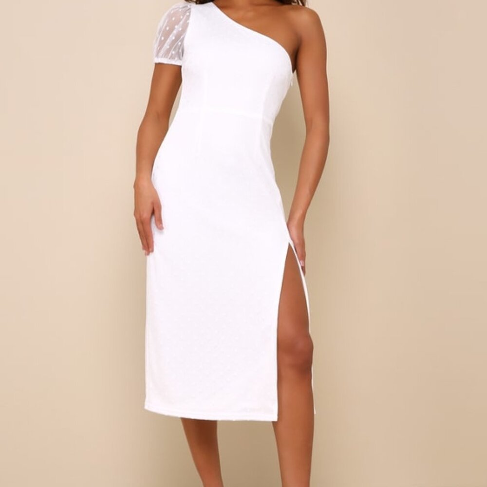 Lulus Amazing Glamour White Polka Dot Mesh One-shoulder Midi Dress - Size L